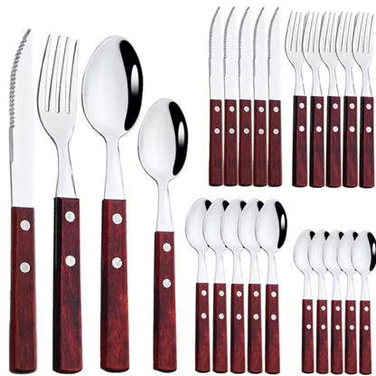 24 Piece Wooden Handle Cutlery Set