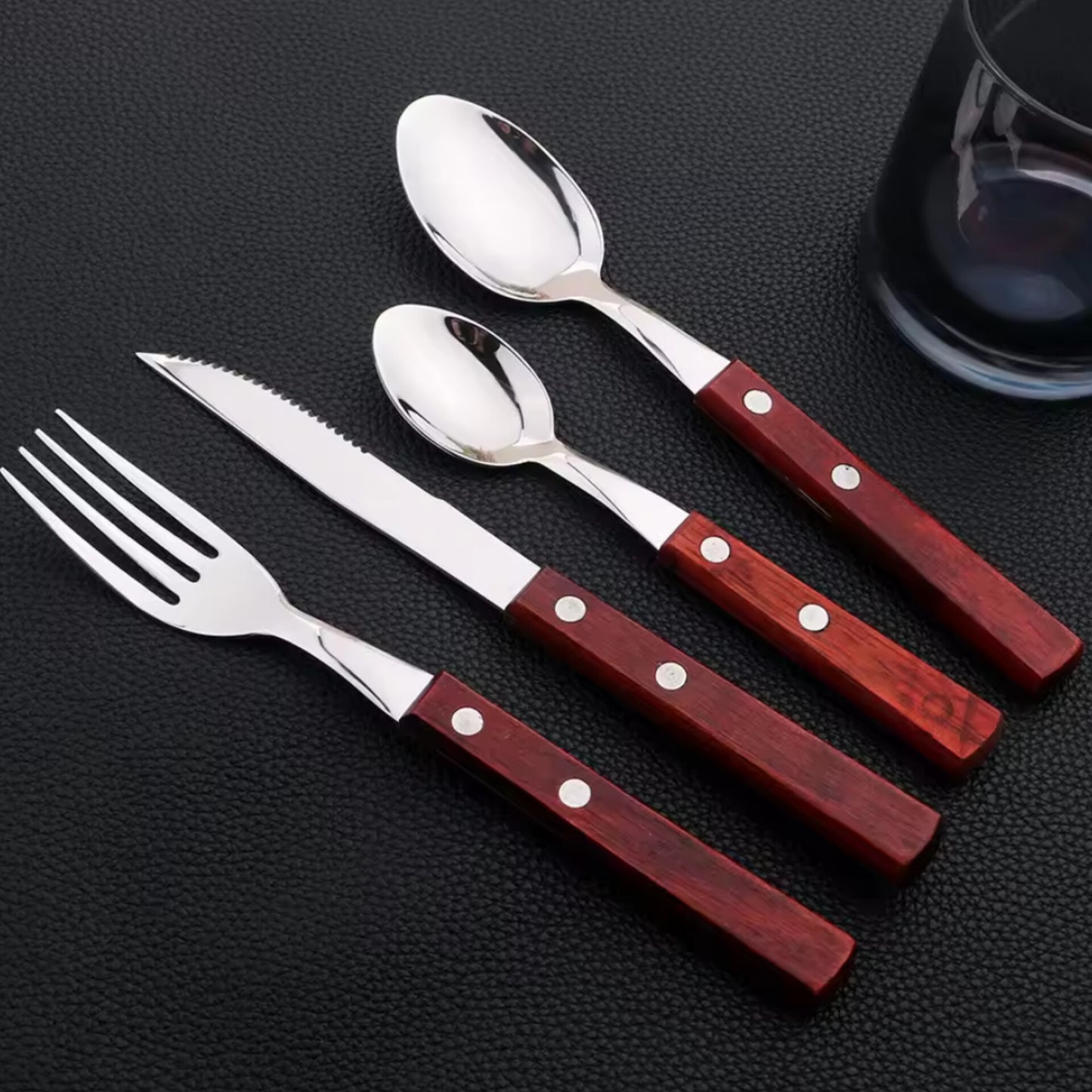 24 Piece Wooden Handle Cutlery Set